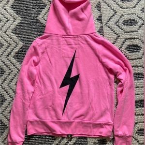 Aviator nation neon pink zip up sweatshirt with black lightning bolt